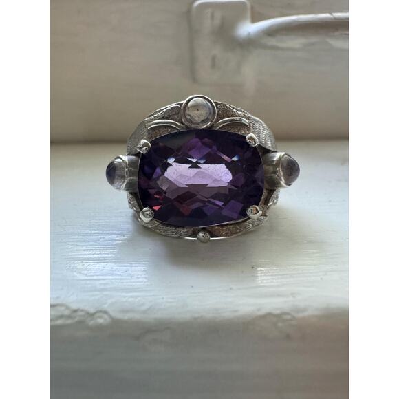 Purple Amethyst Ring Rainbow Moonstone Hand Made Carved Sterling Silver US 8.5 - Picture 5 of 10